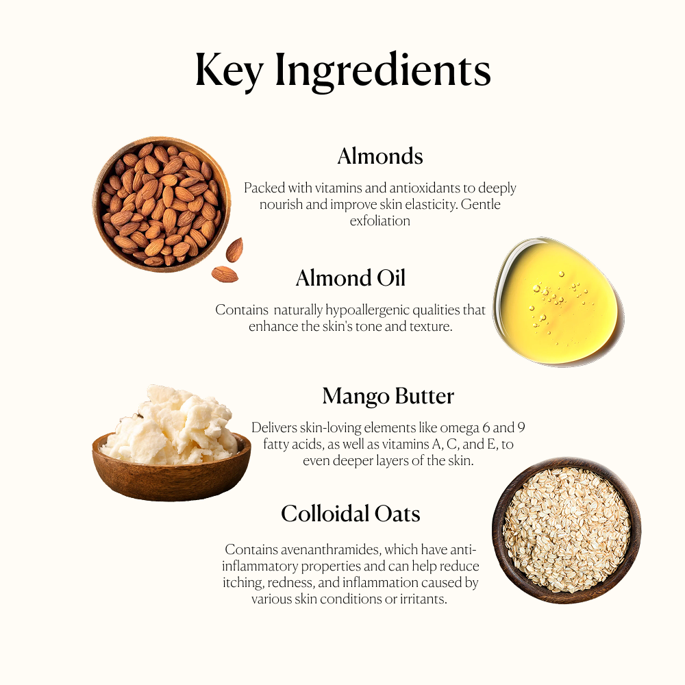 Almond Oatmeal face scrub's key ingredients ranging from almonds to oats, and naturals oils and butters