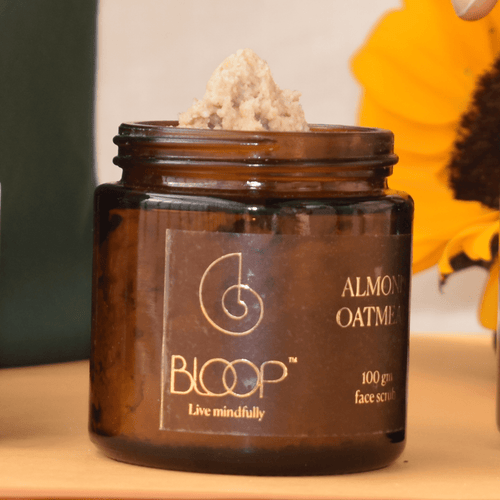 Creamy texture of Bloop’s Almond Oatmeal Face Scrub showing fine natural exfoliants