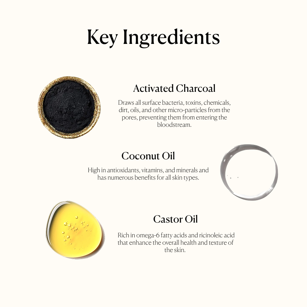 Black Magic cold processed soap's key ingredients including activated charcoal, coconut oil, and castor oil.