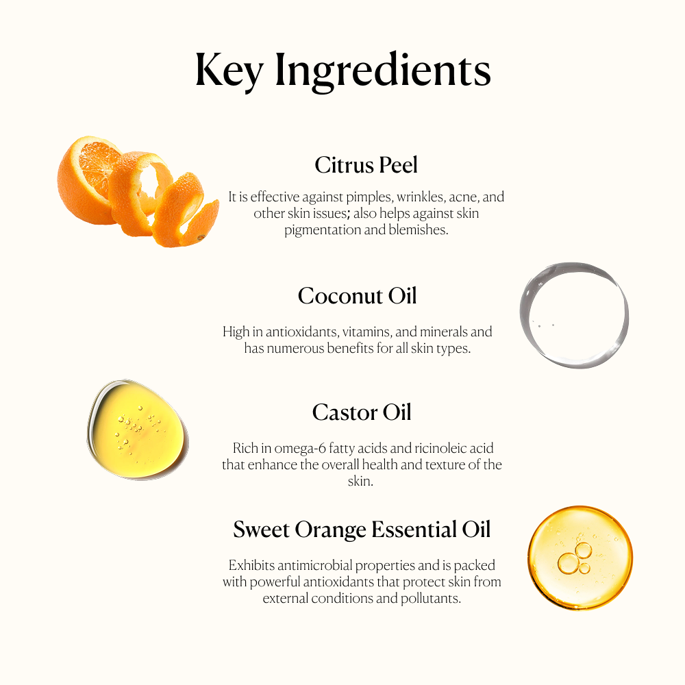 Citrus handmade soap's key ingredients contains citrus peels, coconut oil, castor oil, sweet orange essential oil.
